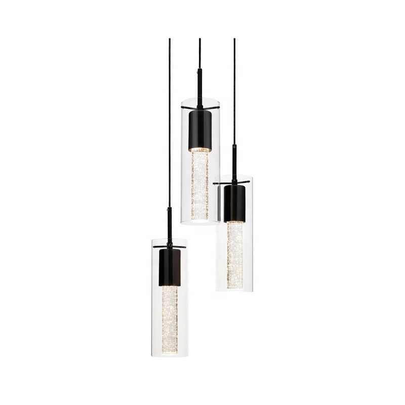 Modern Pendant Light 3 Lights Matte Black Finish Crystal Bubble Glass Ceiling Light Fixture for Kitchen