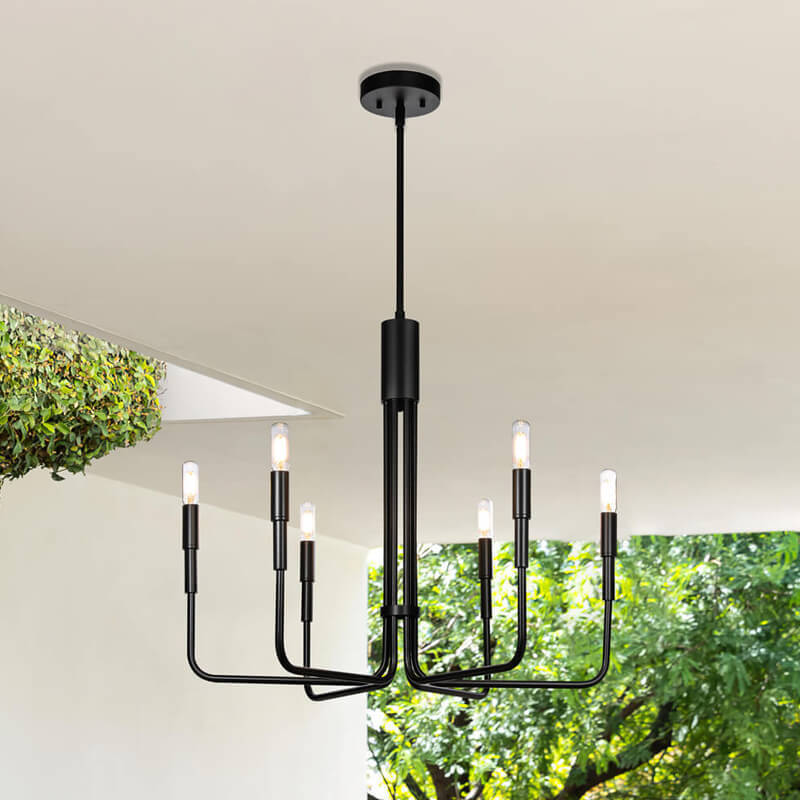 Farmhouse Black Chandelier 6 Lights Industrial Retro Candle Ceiling Pendant Light Fixture For Dining & Living Room