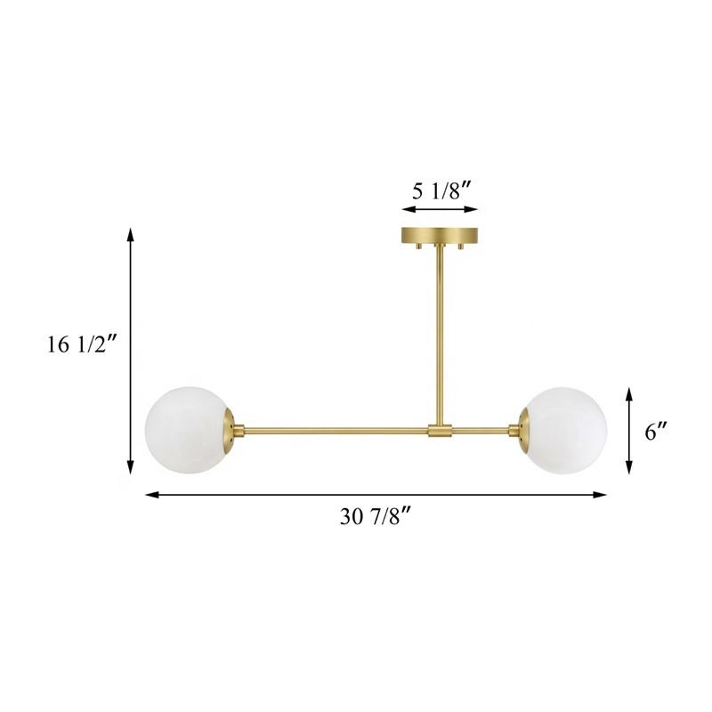 Modern Decorate Ceiling Light 2 Globe Glass Satin Brass Finish Semi Flush Ceiling Light