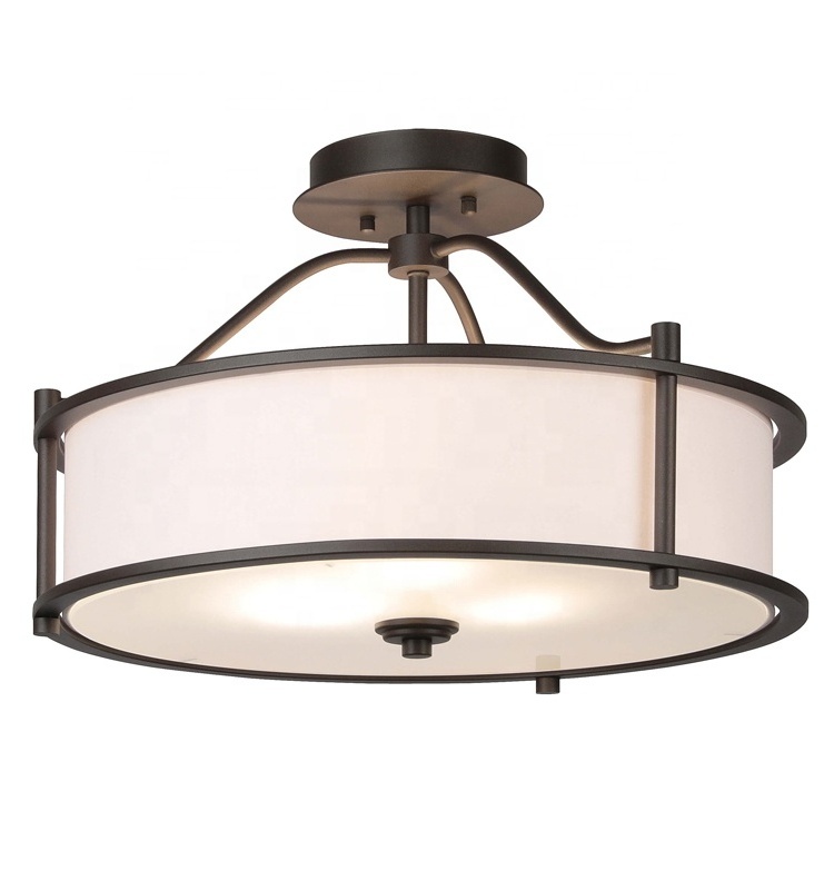 3 Light Colse to Ceiling Light With Fabric Shade and Frost  Glass  Diffuser  in Dark Bronze Drum Semi Flush Light