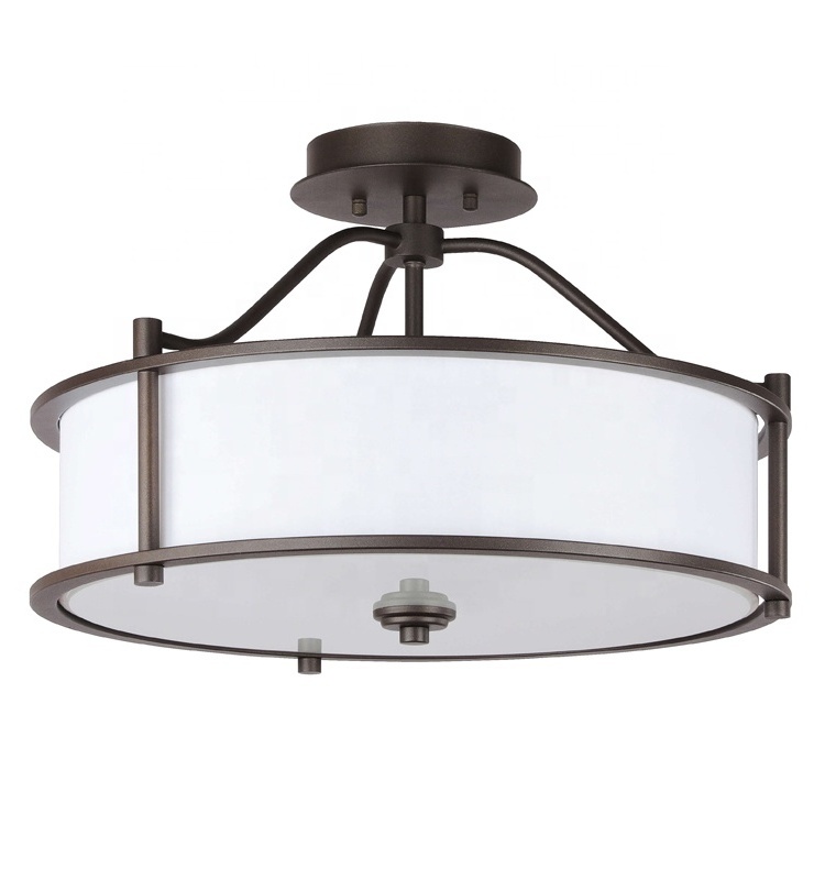 3 Light Colse to Ceiling Light With Fabric Shade and Frost  Glass  Diffuser  in Dark Bronze Drum Semi Flush Light