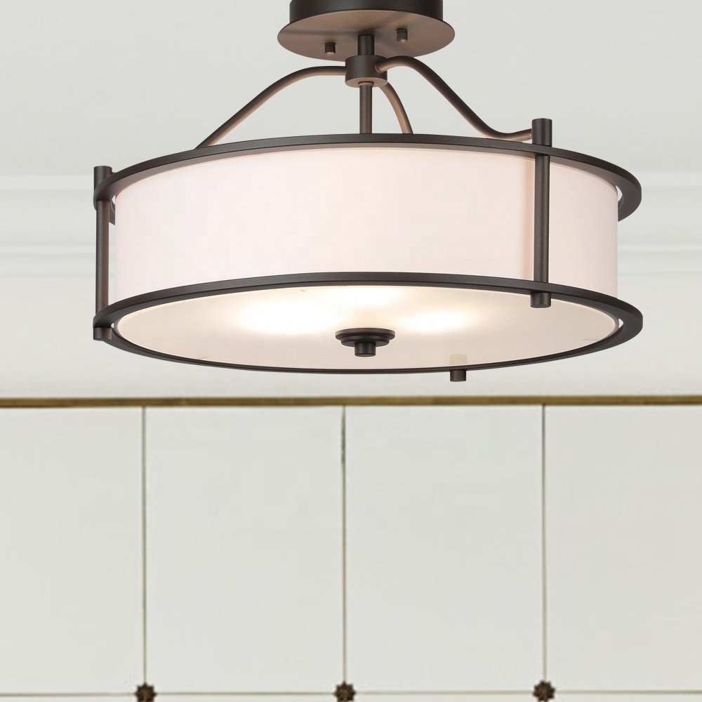 3 Light Colse to Ceiling Light With Fabric Shade and Frost  Glass  Diffuser  in Dark Bronze Drum Semi Flush Light