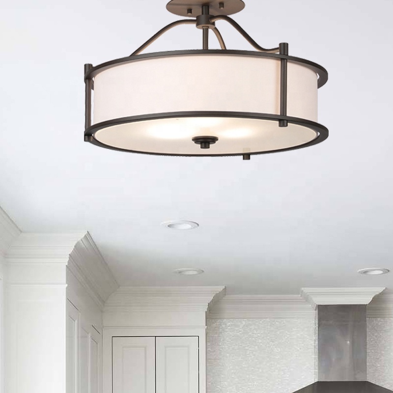 3 Light Colse to Ceiling Light With Fabric Shade and Frost  Glass  Diffuser  in Dark Bronze Drum Semi Flush Light