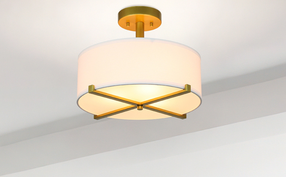 Modern Gold Brass Close to Ceiling Lamps with White Drum Fabric Shade 3 Light Semi Flush Mount Ceiling Light Fixture