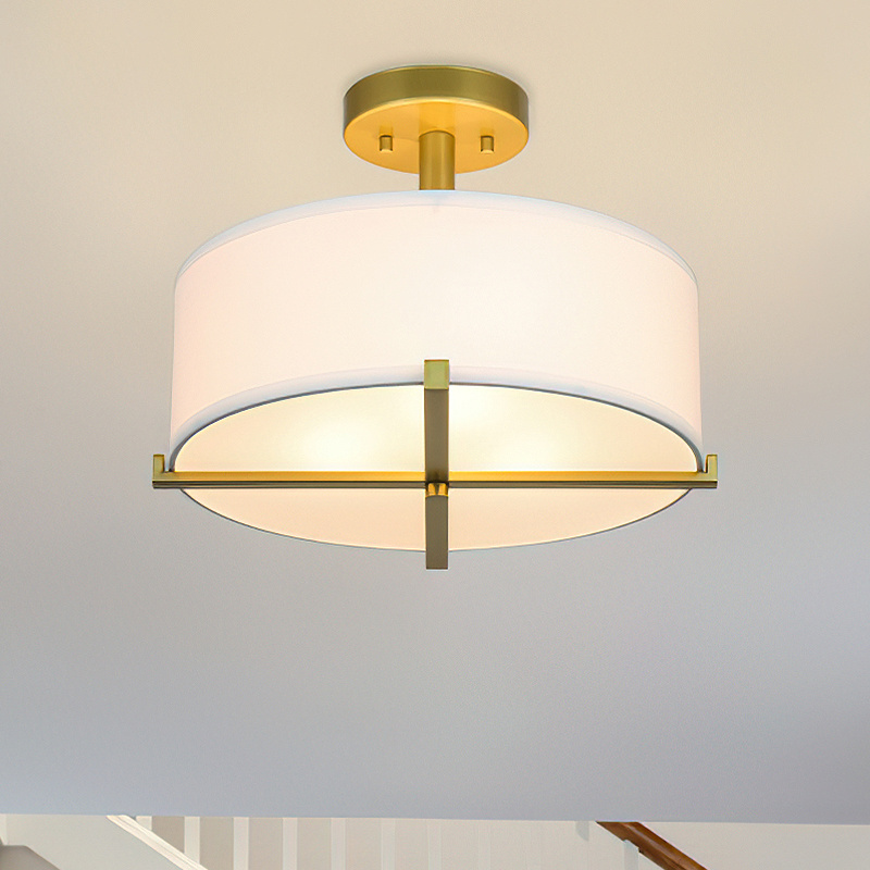 Modern Gold Brass Close to Ceiling Lamps with White Drum Fabric Shade 3 Light Semi Flush Mount Ceiling Light Fixture