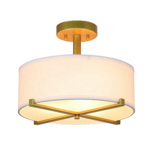 Modern Gold Brass Close to Ceiling Lamps with White Drum Fabric Shade 3 Light Semi Flush Mount Ceiling Light Fixture