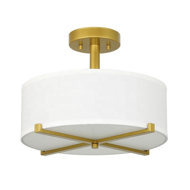 Modern Gold Brass Close to Ceiling Lamps with White Drum Fabric Shade 3 Light Semi Flush Mount Ceiling Light Fixture