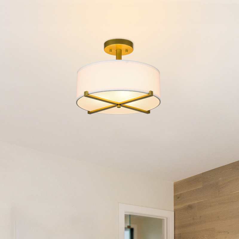 Modern Gold Brass Close to Ceiling Lamps with White Drum Fabric Shade 3 Light Semi Flush Mount Ceiling Light Fixture