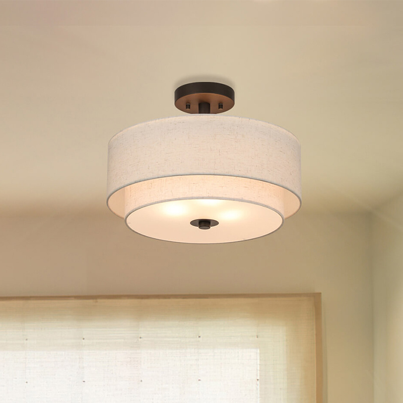 Modern Home Decorative 3 Light Drum shade Semi Flush Mount Ceiling Light  with 2 Tier Fabric Shade