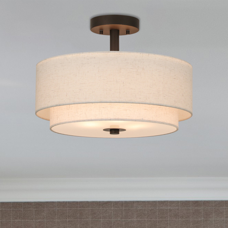 Modern Home Decorative 3 Light Drum shade Semi Flush Mount Ceiling Light  with 2 Tier Fabric Shade