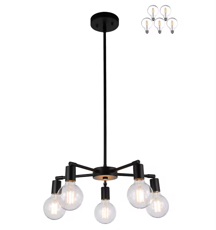 Pendant Hanging Light Modern Sputnik 5 Light Black Chandeliers Lighting Lamps Fixture for Living & Dining Room