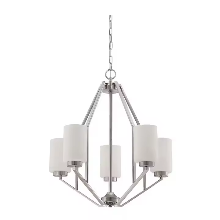 Contemporary Chandeliers Adjustable Chain 5 Light White Glass Satin Nickel Modern Light Fixtures Ceiling Hanging for Dining Room