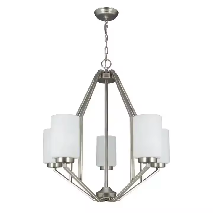 Contemporary Chandeliers Adjustable Chain 5 Light White Glass Satin Nickel Modern Light Fixtures Ceiling Hanging for Dining Room