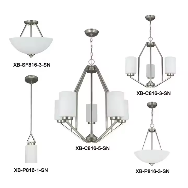 Contemporary Chandeliers Adjustable Chain 5 Light White Glass Satin Nickel Modern Light Fixtures Ceiling Hanging for Dining Room