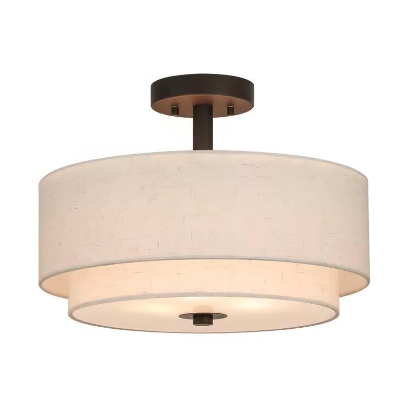 Modern 2 Tier Drum Fabric Lampshade Semi Flush Mount Ceiling Light Indoor Ceiling Lamp For Living Room