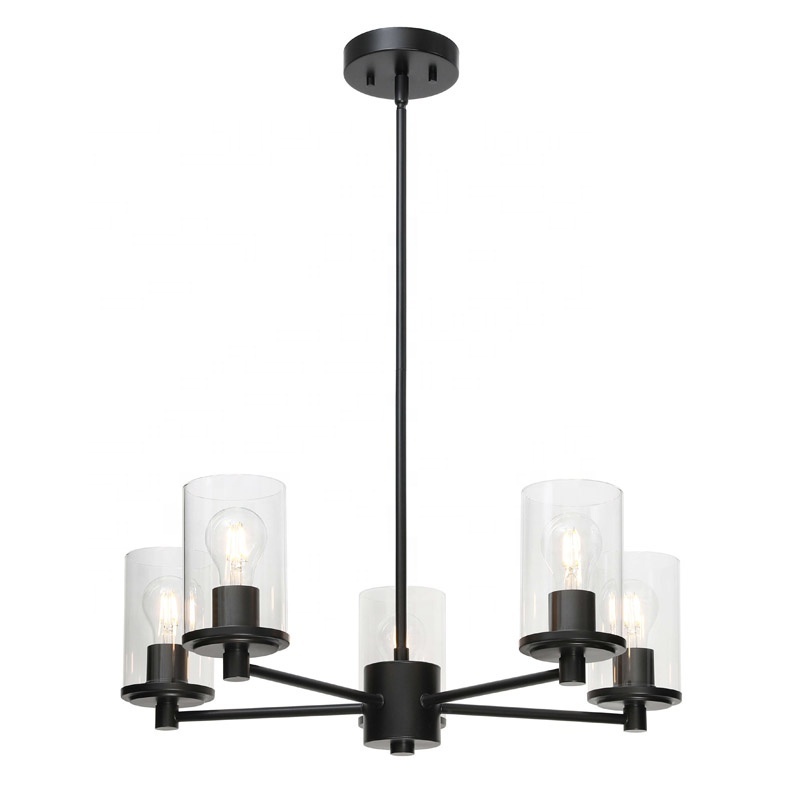 Chandelier Ceiling Light Adjustable Pendant Light 5 Light Black Iron Chandeliers with Glass for Living Room