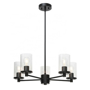 Chandelier Ceiling Light Adjustable Pendant Light 5 Light Black Iron Chandeliers with Glass for Living Room