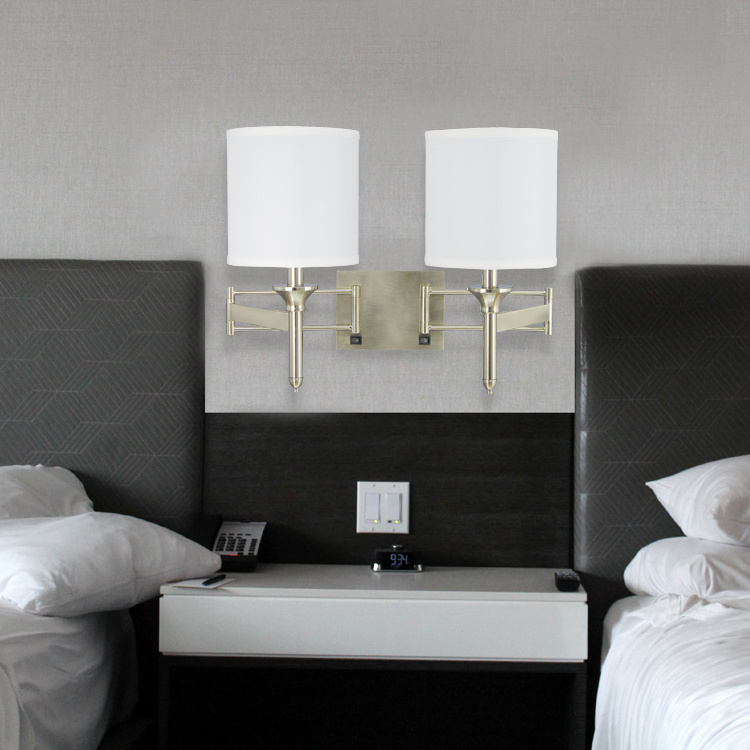 Swing Arm Wall Sconce Nickel Bedside Hotel Headboard Reading Lighting Modern Wall Lamp with Power Outlets