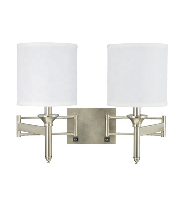 Swing Arm Wall Sconce Nickel Bedside Hotel Headboard Reading Lighting Modern Wall Lamp with Power Outlets