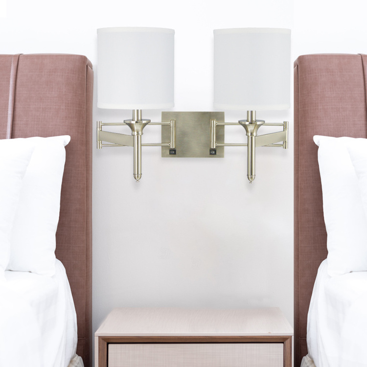 Swing Arm Wall Sconce Nickel Bedside Hotel Headboard Reading Lighting Modern Wall Lamp with Power Outlets