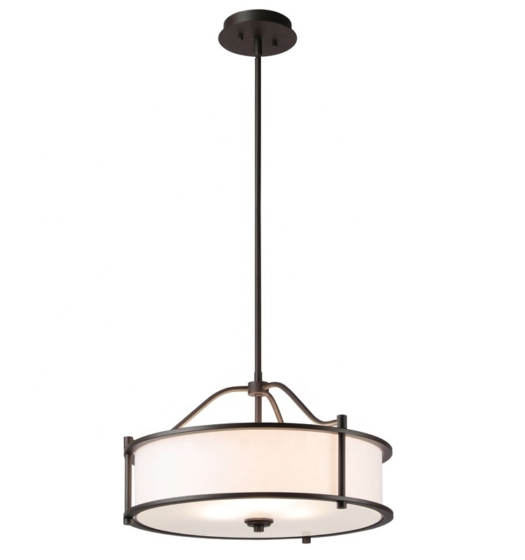 Home Decorative Ceiling Lighting Fixture 3 Light Dark Bronze Drum Shade Fabric Pendant Light