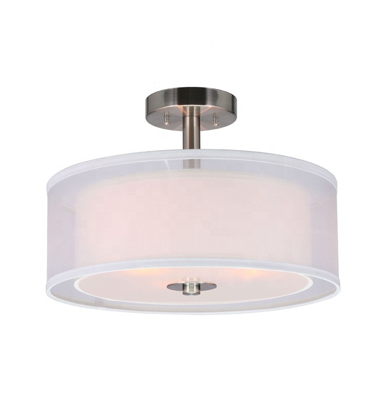 Ceiling Light Modern Fabric Shade Semi Flush Mount Light, Brushed Nickel Drum Close to Ceiling Light