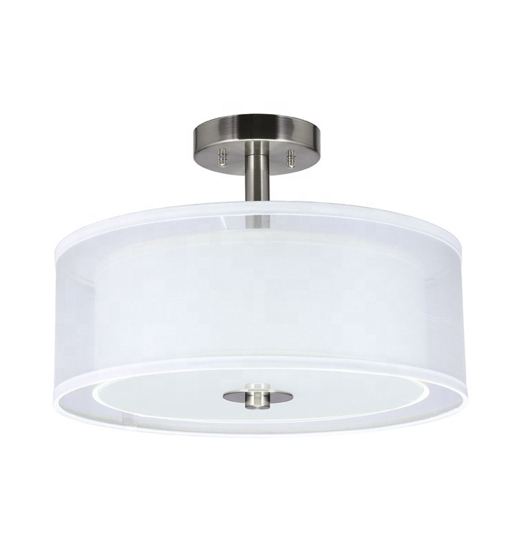 Ceiling Light Modern Fabric Shade Semi Flush Mount Light, Brushed Nickel Drum Close to Ceiling Light