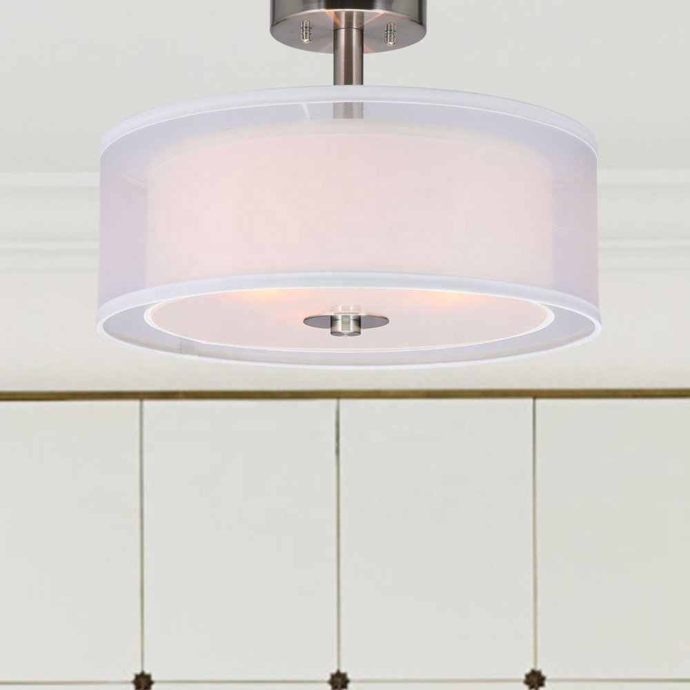 Ceiling Light Modern Fabric Shade Semi Flush Mount Light, Brushed Nickel Drum Close to Ceiling Light