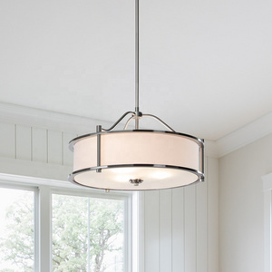 Modern Fabric Pendant Light Drum Shade Brushed Nickel Adjustable Hanging Ceiling Light Fixture