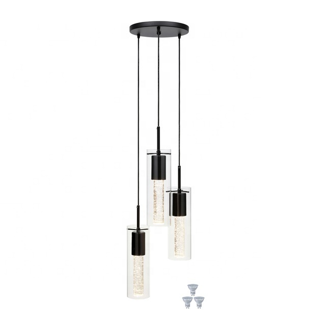 Modern Pendant Light 3 Lights Matte Black Finish Crystal Bubble Glass Ceiling Light Fixture for Kitchen