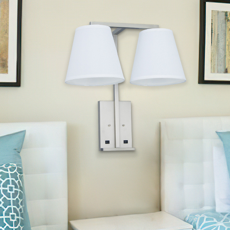 American Wall Sconce Hotel Headboard Sconce Light Modern Bedroom Plug in Wall Mounted Bedside Lamp with Fabric Shade