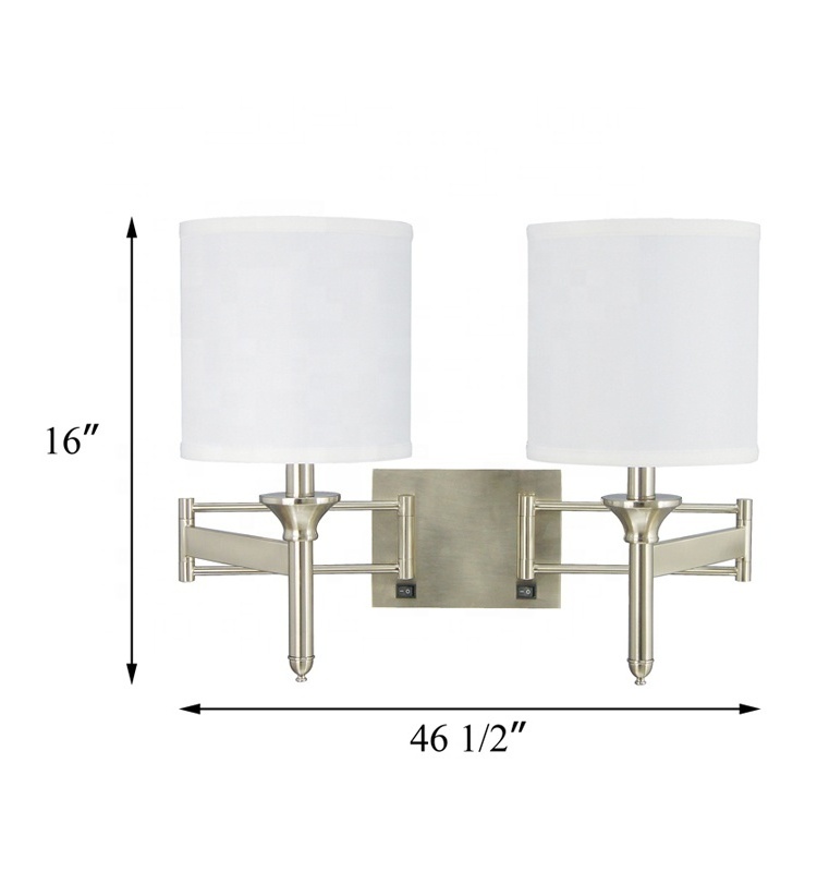 Swing Arm Wall Sconce Nickel Bedside Hotel Headboard Reading Lighting Modern Wall Lamp with Power Outlets