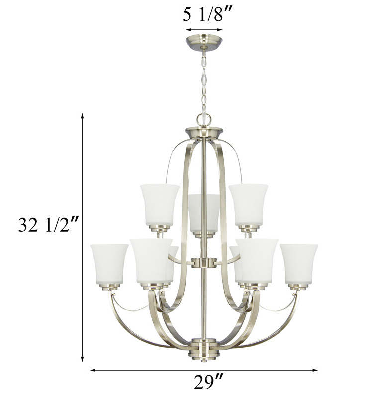 Modern 5 Light Chandelier Lighting Brushed Nickel White Glass Adjustable Chain Ceiling Light Fixture for Living Dining Room