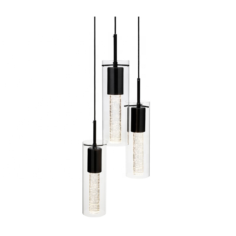 Modern Pendant Light 3 Lights Matte Black Finish Crystal Bubble Glass Ceiling Light Fixture for Kitchen