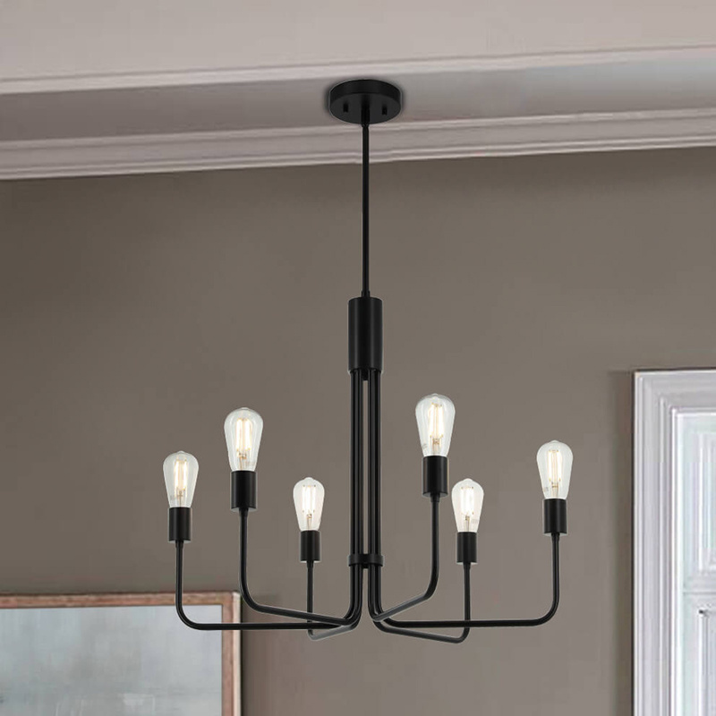 Modern Wholesale Chandelier 6 Light Bare Bulb Matte Black Ceiling Pendant Light Fixture