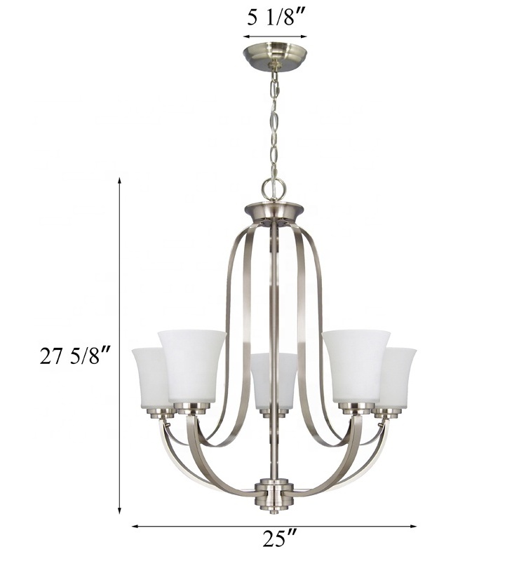 Modern 5 Light Chandelier Lighting Brushed Nickel White Glass Adjustable Chain Ceiling Light Fixture for Living Dining Room