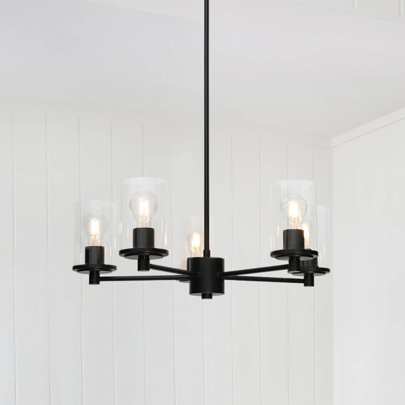 Chandelier Ceiling Light Adjustable Pendant Light 5 Light Black Iron Chandeliers with Glass for Living Room