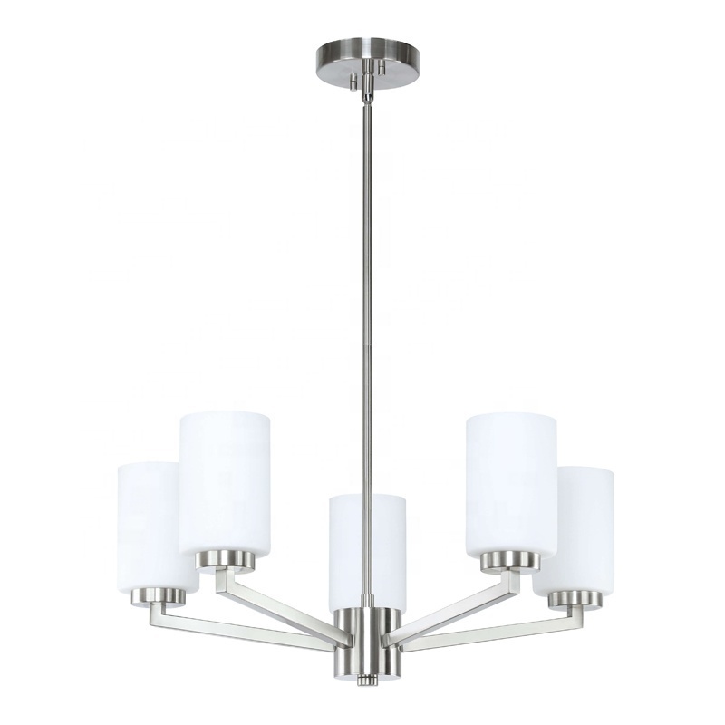 New Design 5 Lights Brushed Nickel Finish Ceiling Hanging Pendant Light Fixture with Glass Modern Chandelier for Living Room