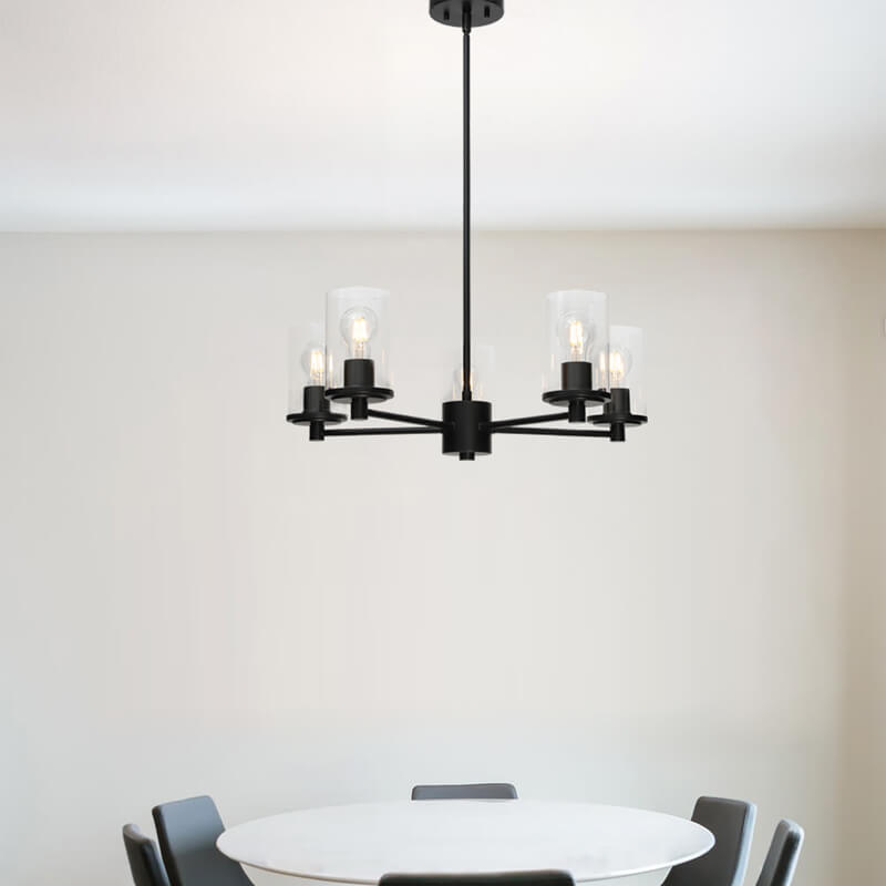 Chandelier Ceiling Light Adjustable Pendant Light 5 Light Black Iron Chandeliers with Glass for Living Room