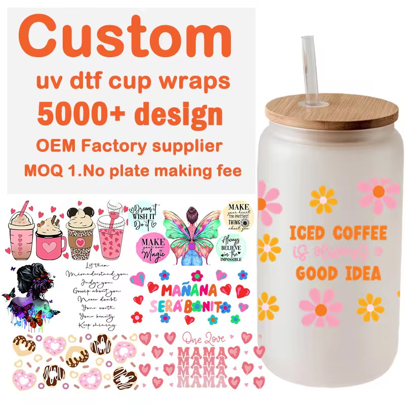 16oz Custom UV DTF Cup Wraps Waterproof 3D UV DTF Transfer Stickers for Cup Tumblers UV/DTFT Transfers