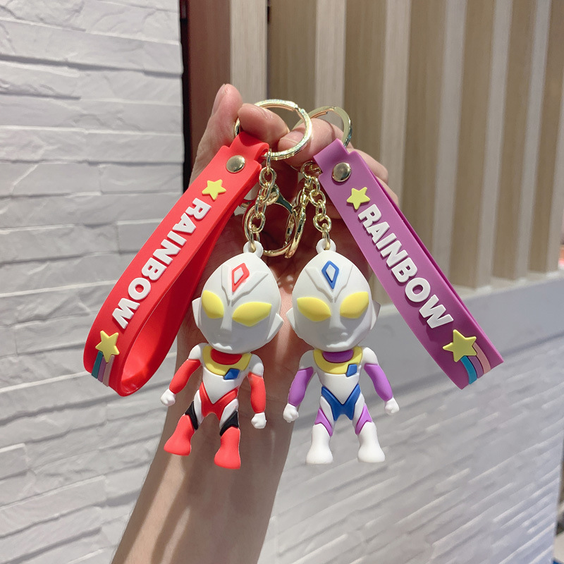 2022 Small Gift Bag Decoration Doll Pendant Keyrings 3D Cartoon PVC Ultraman Keychains llaveros Lanyard with Wrist Strap