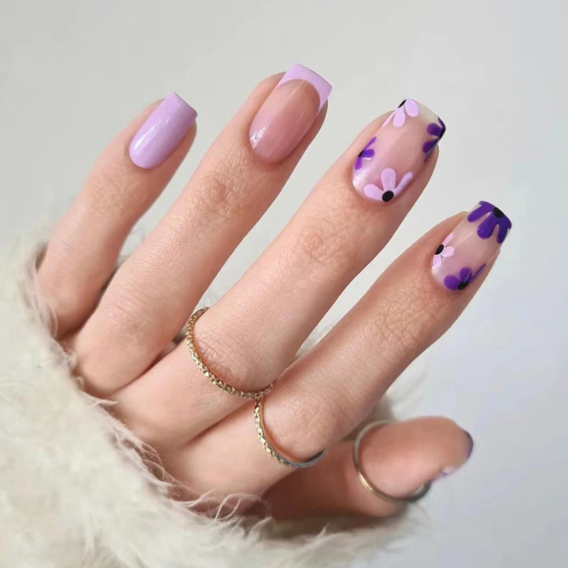 24Pcs Colors wholesale French style Purple edge purple flower short square Press On Nails