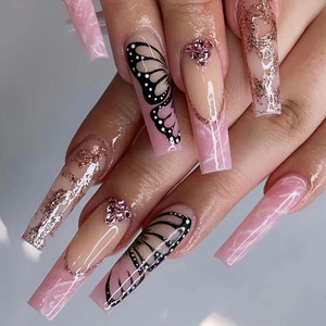 24Pcs Colors wholesale French style Bare rhinestone butterfly gold foil flash pink long coffin Press On Nails