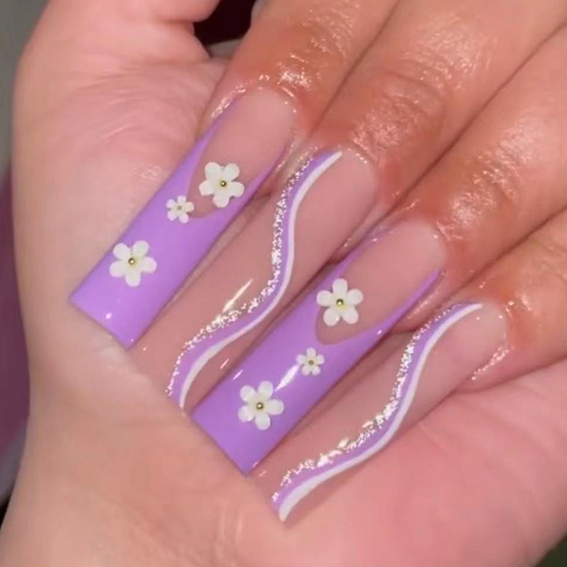 24Pcs Colors wholesale French style Purple long ballet Flower line golden pink coffin Press On Nails