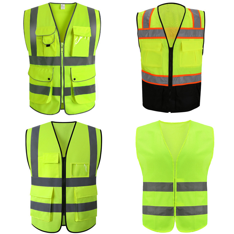 Custom Logo High Visibility Fluorescent Yellow Safety Gear With Pocket Reflective Safety Vests For Driver Construction Site