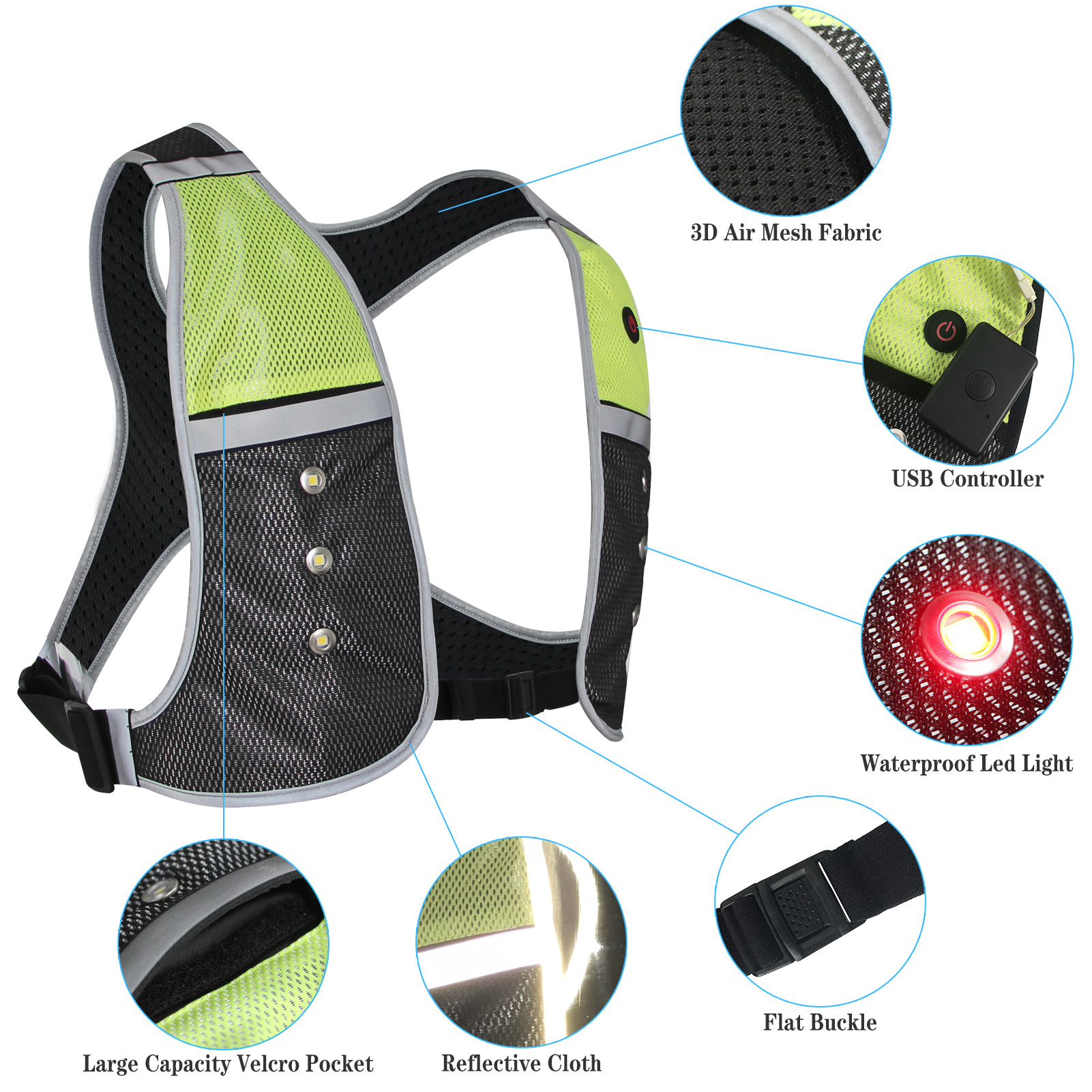 2023 New Products Explosion Reflective Safety Sport Gear Cycling Running Sport Unisex Men Vest With Led Lights And Phone Pocket