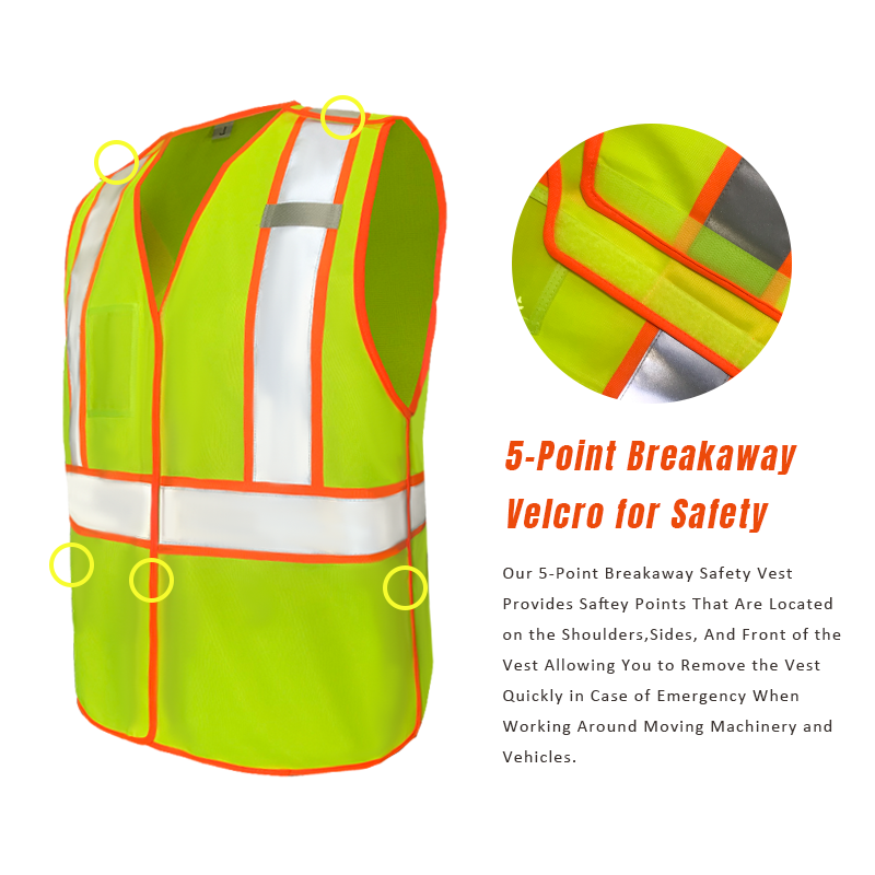 Hot Sale ANSI Class 2 Canada Style 5-Point Breakaway Safety Vest with Hook and Loop Hi vis Reflective Vest