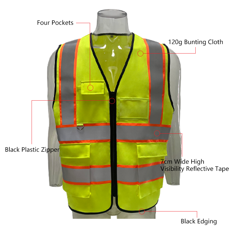 Ansi Class 2 Fluorescent Green Orange Reflective Safety Vest with Pockets Custom Logo High Visibility