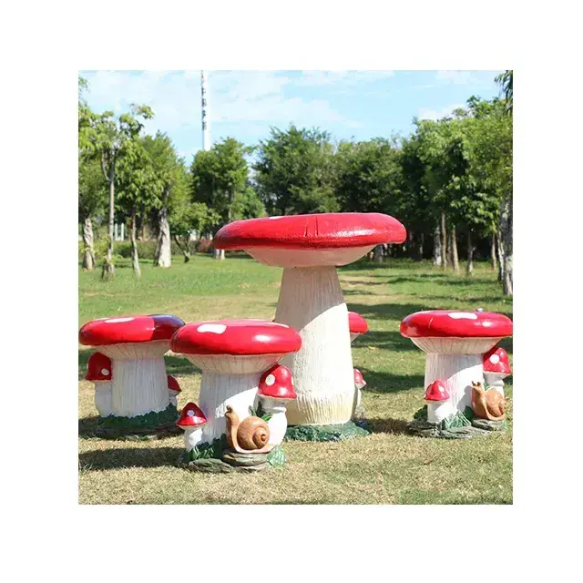 Custom Outdoor ornamental landscape sculpture resin fiberglass mushroom table and chair set for garden patio furniture