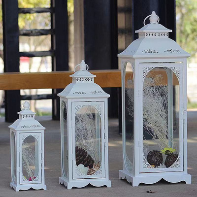 Wholesale European large iron glass candle lanterns white metal candelabra lantern for home hotel indoor and outdoor decoration BestSuppliers